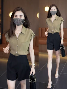 Fashionable Summer 2025 Womens Chiffon Shirt Loose Slimming Professional Style Short Sleeve Polo Collar Solid Color Business Top