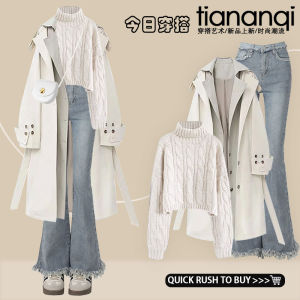 Fashionable Autumn Winter New Arrival Three Piece Set High Waist Flared Pants Elegant Coat Medium Length Sweater Small Fragrance Style