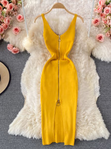 Elastic Slim Fit Knitted Vest Skirt V Neck Zipper Slit Womens Flared Wrap Bodycon Dress Korean Style Commute Pure Color a Line Summer New Arrival
