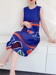 L-1036F# One Size (45-75kg) Summer Pleated Vest Dress WomenS Geometric Pattern Printed Midi Slim Fit Slimming Round Neck