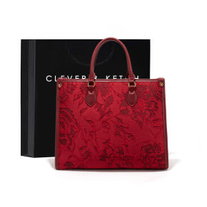 Elegant Red Embroidered Wedding Handbag for Women by Clever&Ketch Soft PU Leather British Style Square Shape Tote Bag