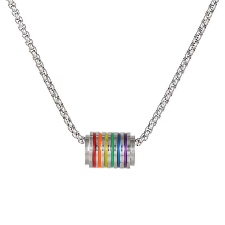 Enamel Rainbow Bead Charm Necklace Stainless Steel Box Chain Necklaces For Men Women LGBT Pride Jewelry
