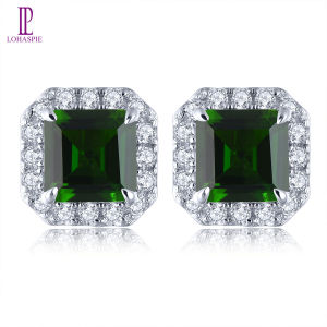 Lohaspie เครื่องประดับต่างหูแท้เงิน925ต่างหูไดออปไซด์โครเมี่ยมธรรมชาติแท้ต่างหูหินวันเกิดพลอยตัดรูปแปดเหลี่ยมสำหรับผู้หญิง925เครื่องประดับต่างหูเงิน