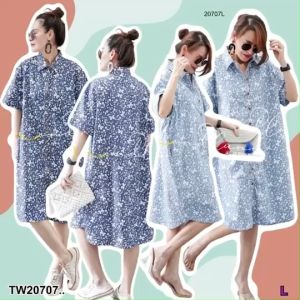 B20707 เดรสยีนส์คอปก แขนสั้นตัวยาว ลายดอกไม้ Collared jeans dress Long short sleeves floral pattern