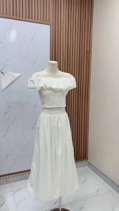 Set Áo Bèo Nhún Phồng Trễ Vai Croptop Chun Lưng + Chân Váy Midi Dáng Bí Phồng Màu Trắng QUYN.135