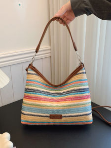 Rainbow Woven Bucket Bag Casual Commuter Tote Bag Single Shoulder Crossbody Basket Weave Leisure Fashion Small Batch