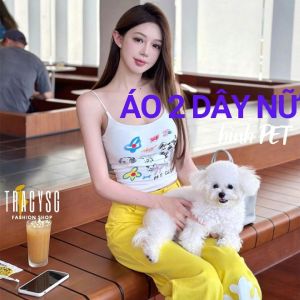 Áo 2 dây cổ tròn có đệm ngực in hình hoạt hình dành cho nữ thun cotton freesize hàng Quảng châu