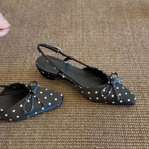 FANGXI | Genuine Leather Polka Dot Bow Slip-On Square Heel Sandals