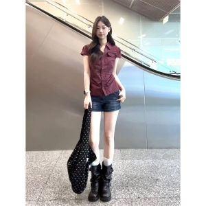 XIANGBAIWEI | Vintage Check Red Short Sleeve Blouse