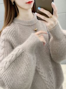 Idle Style Cable Stitch round Neck Pullover Loose Sweater Womens 2024 Fall and Winter New Lantern Sleeve Thickened Knitting Bottoming Shirt
