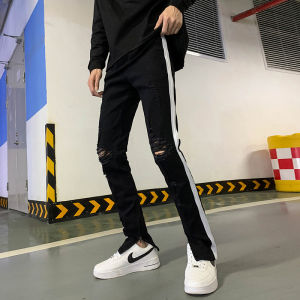 Quần Bò Nam Có Khóa Kéo Rách Quần Nam Quần Nam Đường Phố Cao Thường Ngày Thương Hiệu Thời Trang Quần Ống Nhỏ Tôn Dáng Thường Ngày Quần Dài Màu Đen Dây Dệt