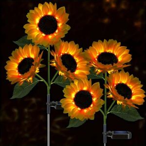 1pc Solar Sunflower Lights 3 Head Garden Stake Outdoor Decorative Waterproof LED Landscape Lights for Patio Garden Yard