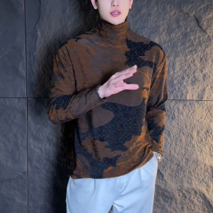 Winter New Mens Stand Collar Base Shirt Coffee Color Block Versatile Fashionable High-End Feeling Long Sleeve Top
