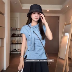 เสื้อเชิ้ตแขนสั้นสไตล์ฝรั่งเศส ทรงสลิมฟิต ลายทาง แขนกุด ผูกโบว์ ดีเทลกระดุม ทรงเข้ารูป สำหรับผู้หญิง ฤดูร้อน 2025