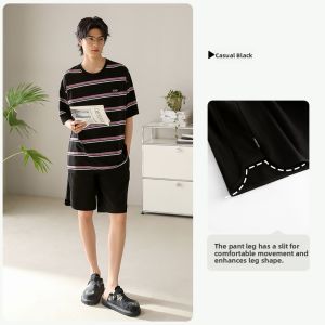 yuenei | Mens Summer Cotton Pajamas Short Sleeve Shorts Home Clothes Casual Striped Large Size Can Be Worn Outside Comfortable Breathable