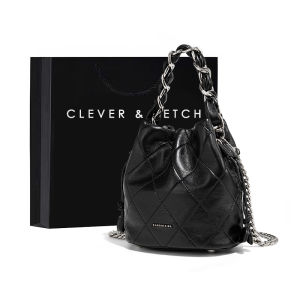 Clever&Ketch Retro Black Diamond Bucket Bag Womens Fashionable Single Shoulder Crossbody Chain Bag 2025 New Style PU Leather