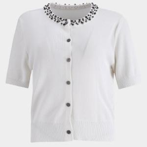 MY TENO | Elegant Round Neck Knitted Short Sleeve Open Cardigan In Apricot By Matin Nu Casual Style Medium Softness Beaded Design Suitable For Various Occasions