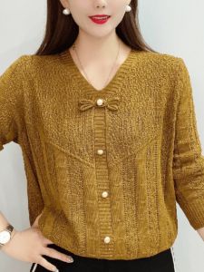 เสื้อสเวตเตอร์คอวีผู้หญิงฤดูใบไม้ร่วง/ฤดูหนาว ทรงหลวม ปกปิดหน้าท้อง ดีไซน์ใหม่ 2024 เสื้อสเวตเตอร์ถักแบบสวมหัว