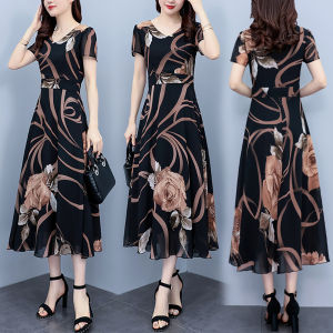 HiQueen Womens Floral Print A-Line Knee-Length Dress with Short Sleeves