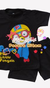 Setelan Kaos Anak Laki-Laki Seri Kartun Pororo Celana Pendek Anak Usia 1-6 Tahun Katun Warna Hitam