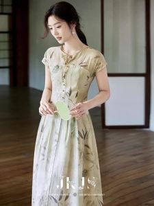 JK＆JS | Đầm Cheongsam Kiểu Trung Quốc In Họa Tiết Chất Liệu Linen Tencel Dáng Ôm