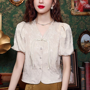 New Chinese Style Short Sleeve Shirt Summer Embroidered V Neck Chiffon Blouse Women Retro National Style Button up Small Top