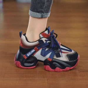 Womens Dad Shoes 2024 New Autumn Thick Bottom Heightening Casual Sports Shoes Korean Style Cross Buckle Splicing Color