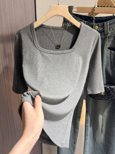 เสื้อยืดไหมน้ำแข็งคอเหลี่ยมแขนยาวปานกลางสำหรับผู้หญิง ทรงเข้ารูป โชว์ไหล่ เสื้อยืดคอเหลี่ยมสไตล์ฝรั่งเศส ฤดูใบไม้ผลิ ฤดูร้อน ฤดูใบไม้ร่วง