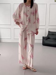 New Cotton and Silk Long Sleeve Long Pants Pajamas for Women Spring and Autumn Middle Aged and Elderly Moms Comfortable Loose Home Wear Set