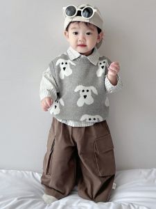 เสื้อกั๊กถักลายสัตว์สไตล์เกาหลีสำหรับเด็กชายและเด็กหญิง ฤดูใบไม้ผลิและฤดูใบไม้ร่วง เสื้อผ้าเด็กผ้าฝ้ายเนื้อนุ่มสบาย