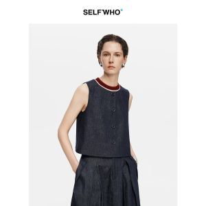 Color Block Wool Cotton Linen Blended Sleeveless Denim Vest