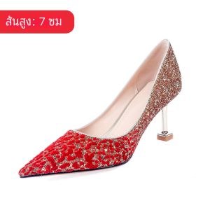 รองเท้าแต่งงานสีแดงแบบสวมสำหรับผู้หญิง ทรงหัวแหลม ด้านหลังแบน ด้านหน้าเป็นคริสตัล รองเท้าแตะส้นเตี้ย รองเท้าแต่งงานแบบสวมสองทางสำหรับคู่รัก