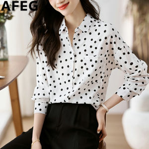 AFEG Korean shirt collar fashion casual loose temperament polka dot chiffon drop shoulder long sleeve blouse