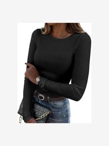 Womens Long Sleeve Ribbed Knit Basic Tops T-Shirts Cleanfit 3D Style Standard Fit Citywalk Suitable Breathable Linen Material