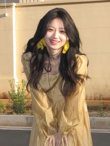 ต่างหูดอกไม้สีเหลืองสไตล์หวาน ต่างหูแบบไม่ต้องเจาะ ประดับเพชรเทียม ผ้าชีฟอง ต่างหูแบบคลิป แฟชั่นสำหรับผู้หญิง