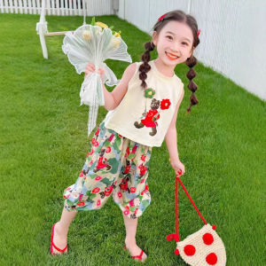 เด็กดอกไม้หักสองชิ้นฤดูร้อนใหม่ 2025 เด็กกลางเสื้อยืดกางเกงร้อยชุดสำหรับสาว ๆ