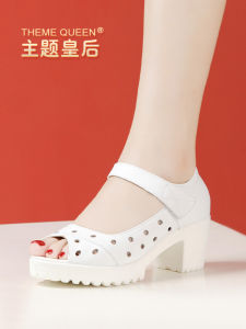 THEME QUEEN | Medium Heel Coarse Heel Peep Toe Waterproof Platform Soft Bottom Summer Ladies Leather Sandals