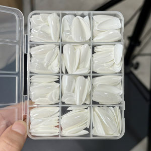 144Pcs/Box Glossy White Pearlscent Press On Nail Long Almond Full Cover Fake Nails Tip Simple Wearable Acrylic False Nail Tips T