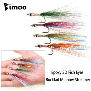 Bimoo 4pcs #4 Epoxy 3D Fish Eyes Bucktail Minnow Streamer Fly Flash Baitfish Streamer Trout Bass Pike Saltwater Fishing Lures