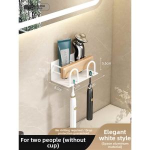 Bathroom Organizer Wooden Toothbrush Mug Holder Hair Dryer Hanger No Drilling