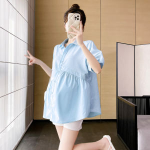 Maternity Summer Outfit Set Fashionable Loose Doll Shirt Top Summer Style Small Size Outerwear Shorts Cotton Blend Shirt Collar