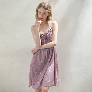 XEXZ | ชุดนอนผู้หญิงแขนกุดพิมพ์ลายไหมน้ำแข็ง ผ้าฝ้ายผสมโพลีเอสเตอร์ ชุดนอนฤดูร้อน ชุดนอนสำหรับใส่ในบ้าน ชุดนอนผู้หญิง