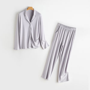 ผู้หญิง ชุดนอน ชุดแขนยาว คอวี เสื้อผ้าใส่ในบ้านปรับอากาศแบบติดกระดุม ผ้าฝ้าย ผสมผสานสบาย ลำลอง บ้าน ชุดสูท