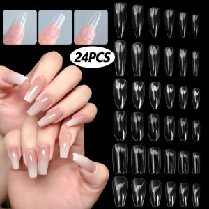 24 PCS False Nails Full Cover Nail Tips Acrylic Clear Natural Fake Nails UV Gel Extension DIY Manicure Tool