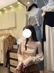 ชุดสองชิ้นแฟชั่นฤดูใบไม้ร่วง เสื้อคาร์ดิแกนแขนยาว แจ็คเก็ตขนาดเล็ก สำหรับผู้หญิง ทรงสลิมฟิต โชว์ไหล่ สายเดี่ยว ไม่สมมาตร