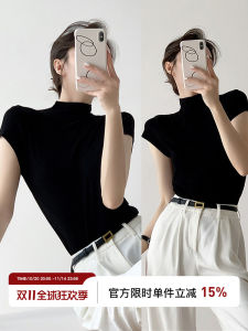 Black Knitted Short Sleeve T-Shirt Womens Summer Tight Fit Haltered Base Layer Top Sweet Style Japanese Version Short Length