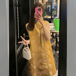 New Chinese Style Womens Dress Elegant Yellow Sleeveless Song Jin A-Line Skirt High Waist Summer Fashion Retro Modification