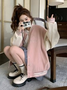 Pink Ballpark Jacket for Women Loose Fit Cotton Crewneck Top Embroidered Pocket Button-up Casual Chic Style for 18-24