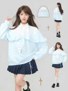 KEIKO | Áo Hoodie Phong Cách Nữ Màu Khối Giả Hai Mảnh Nơ và Ren Form Rộng