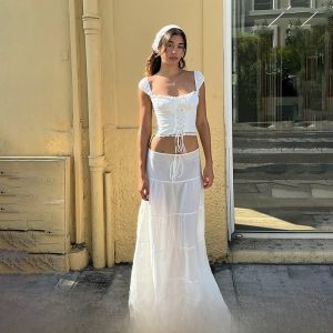 French Style Pure Desire Lace Trim Cross Strap Tank Top plus Half Skirt White Set Women Early Spring Fashion Ensemble